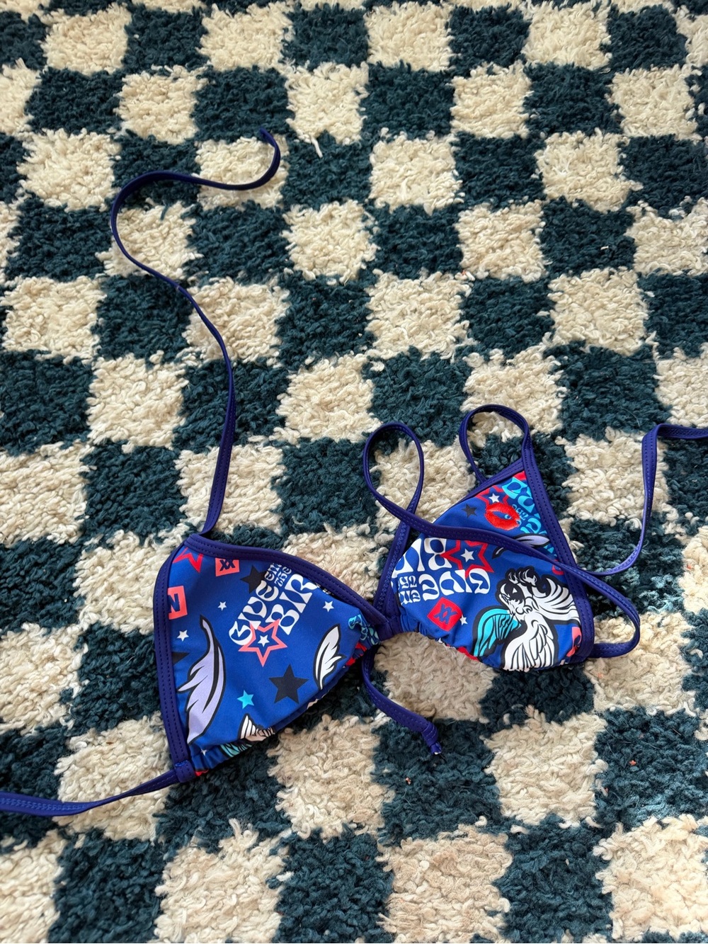 Dixxon “Give Em Bird” Blue Graphic Bikini Top -